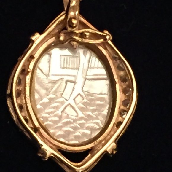 14k Diamond Mother of Pearl Pendant Necklace Enhancer Portrait Landscape MOP Vtg - Picture 9 of 14